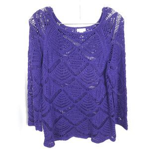 Chico's 1 Womens 8 Purple Open Knit Pullover Scoop Neck Sweater Cotton Blend